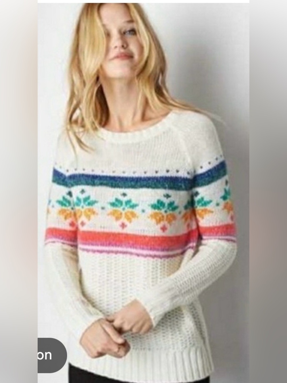 Womens Cream Fair Isle Knit Sweater with Multicolor Stripes